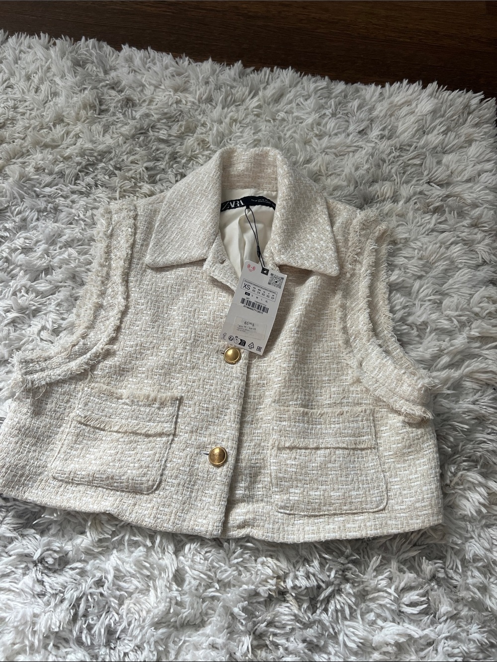 Zara Cream Tweed Button Vest with Gold Buttons